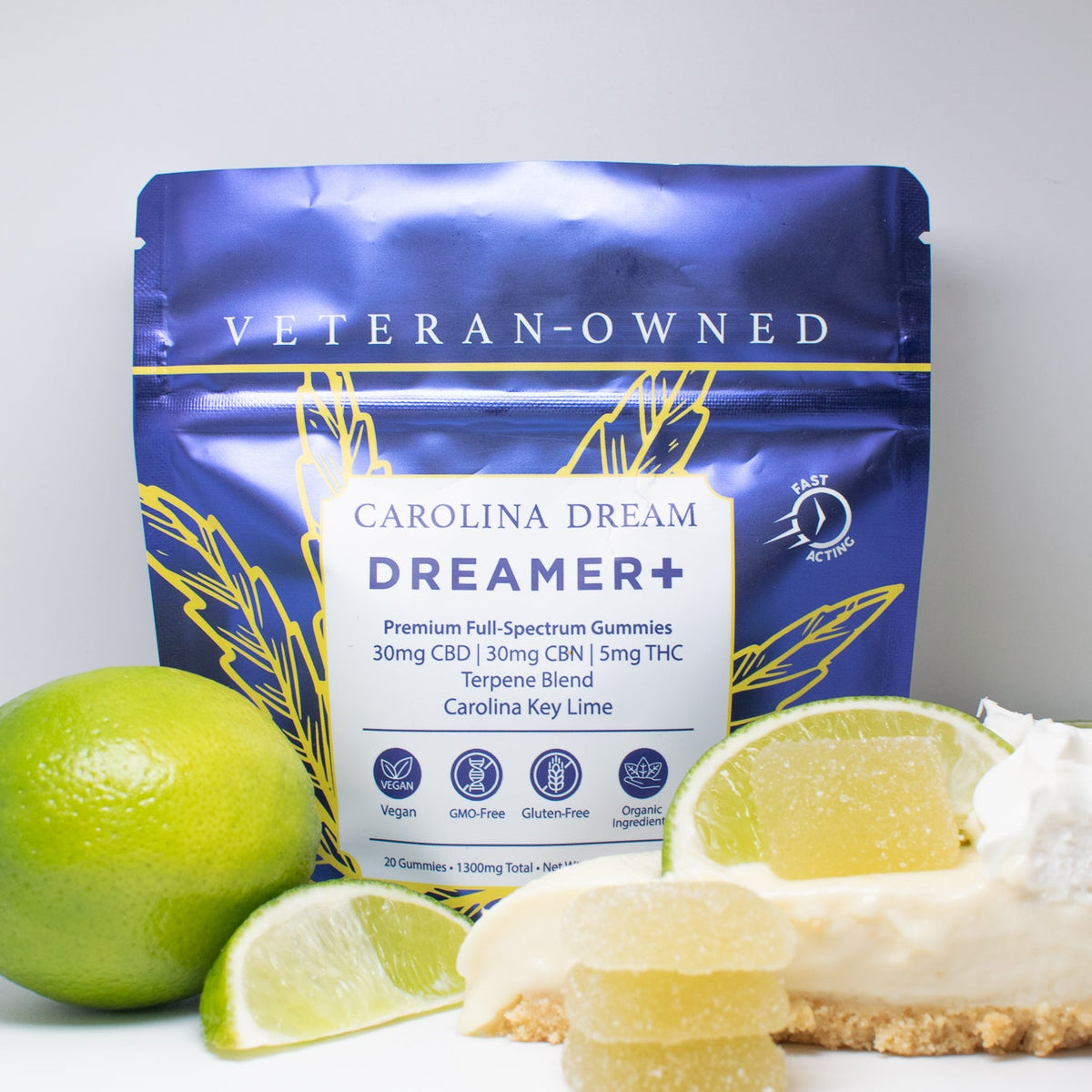 Dreamer+ Fast Acting Nighttime Gummies with Carolina Dream packaging and lime slices.