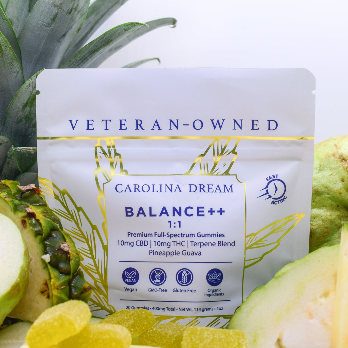 Balance 1:1 THC CBD Gummies from Carolina Dream in Pineapple Guava flavor, vegan and gluten-free.