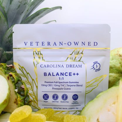 Balance 1:1 THC CBD Gummies from Carolina Dream in Pineapple Guava flavor, vegan and gluten-free.
