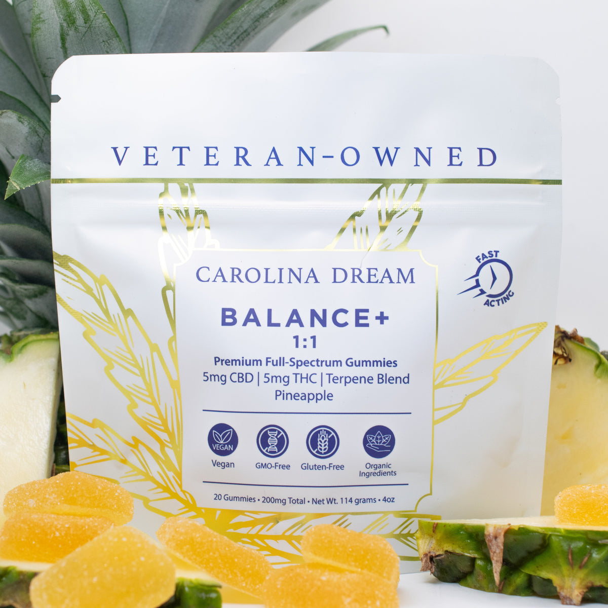 Balance 1:1 THC CBD Gummies from Carolina Dream, featuring pineapple flavor and veterans-owned branding.