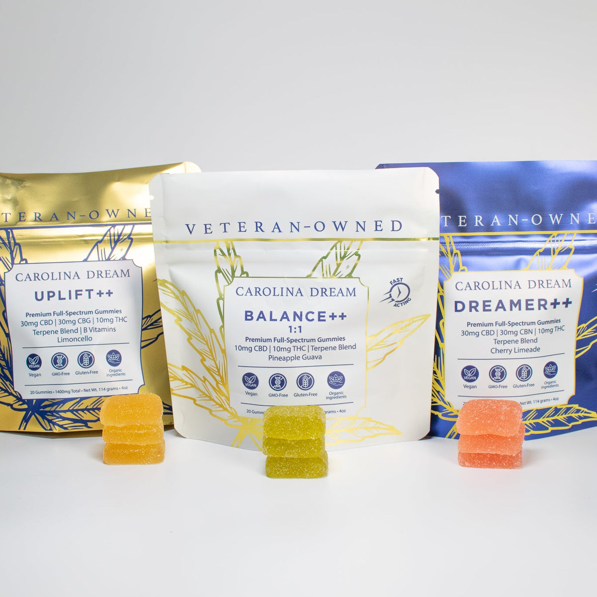 Uplift++, Balance++ and Dreamer++ gummy pouches from Carolina Dream
