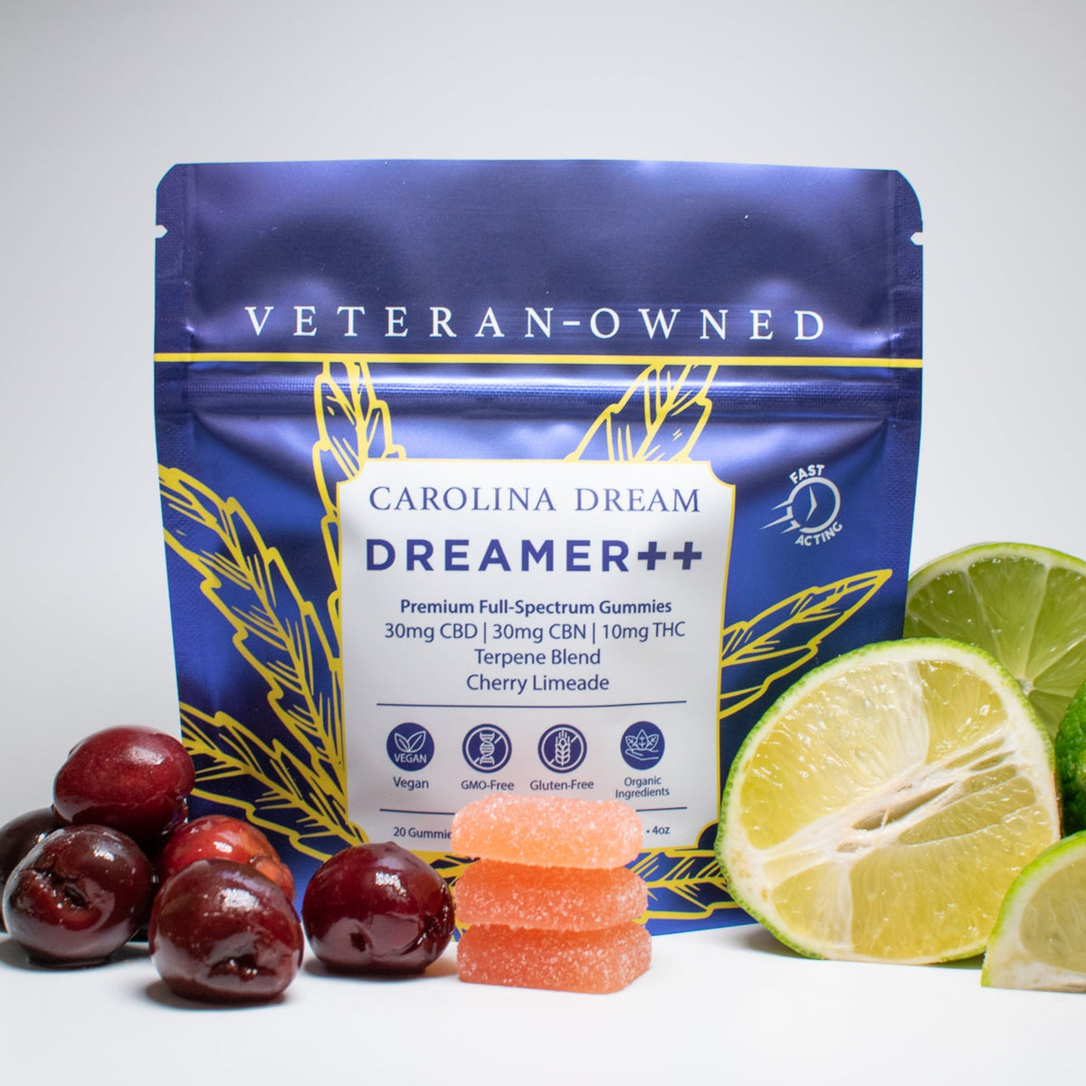 Dreamer++ Fast Acting Nighttime Gummies in Cherry Limeade flavor with vibrant fruits surrounding.