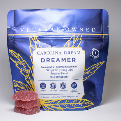Blue packaging of Carolina Dream Dreamer gummies with a white label on a gray background