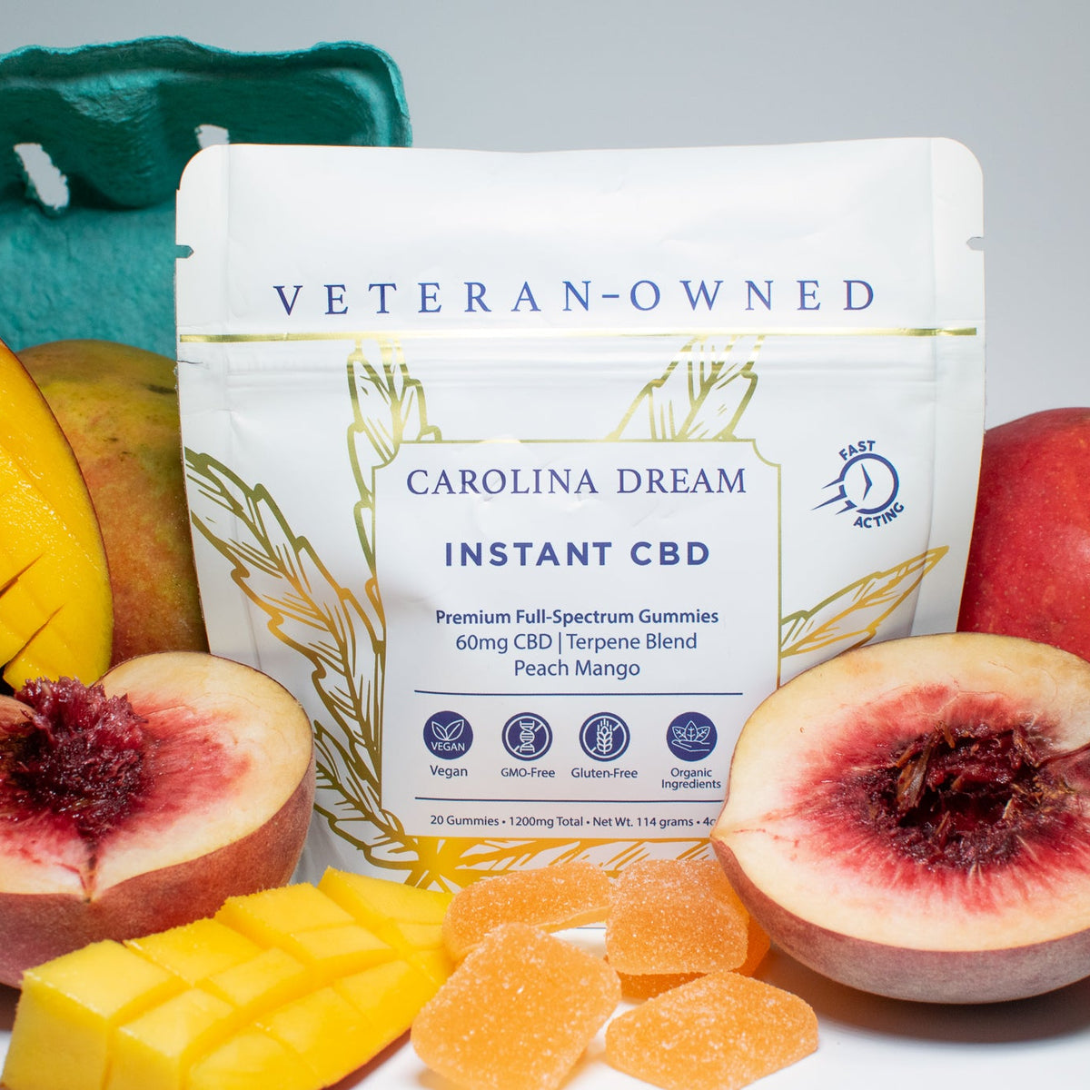 Carolina Dream Instant CBD 60mg fast-acting gummies in Peach Mango