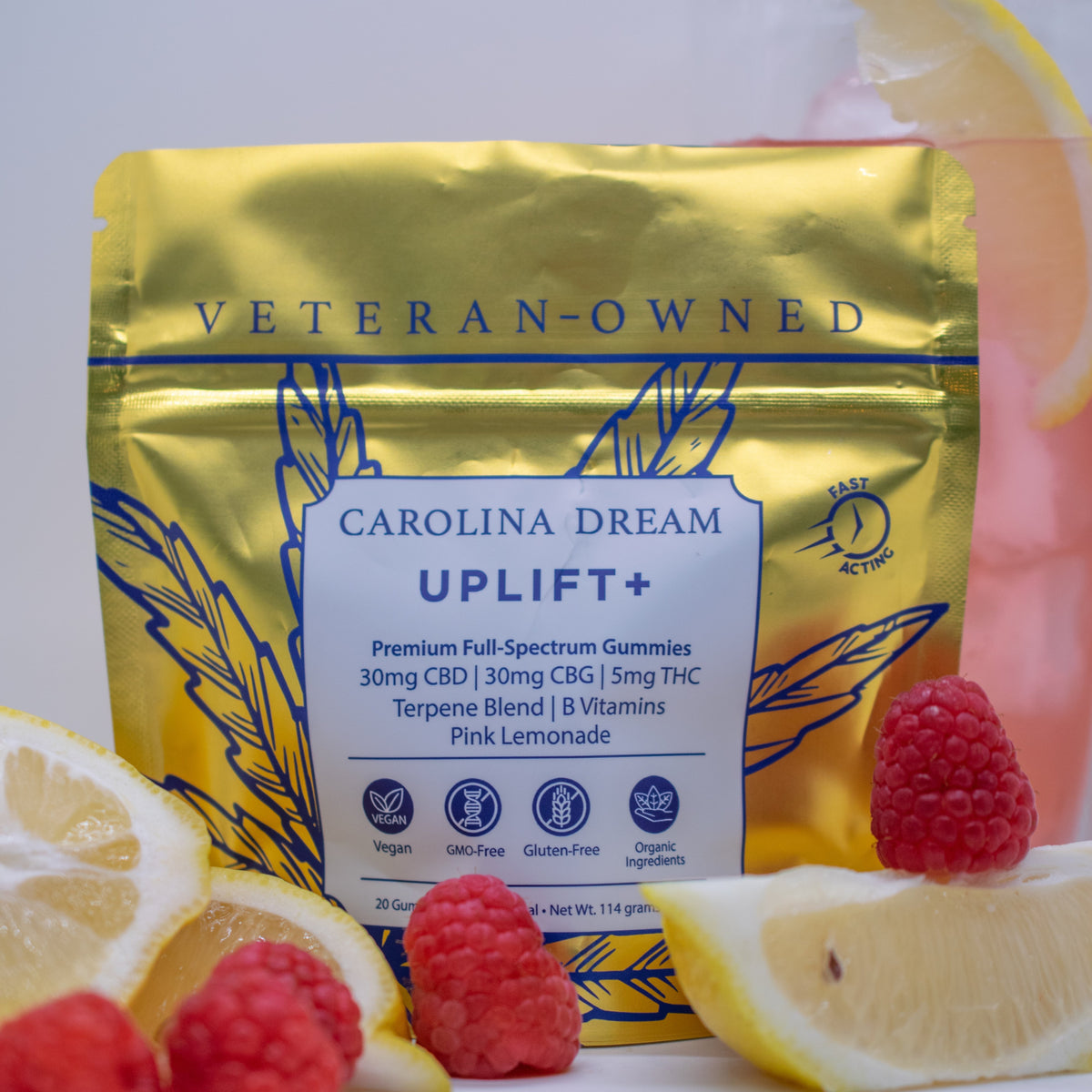 Uplift+ Daytime Gummies packaging featuring premium ingredients and vibrant design.
