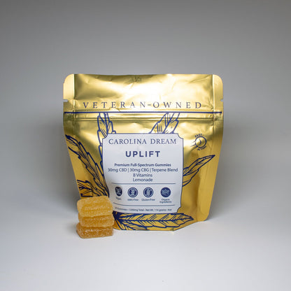 Carolina Dream Uplift gummies in front of the packaging for Carolina Dream Uplift gummies