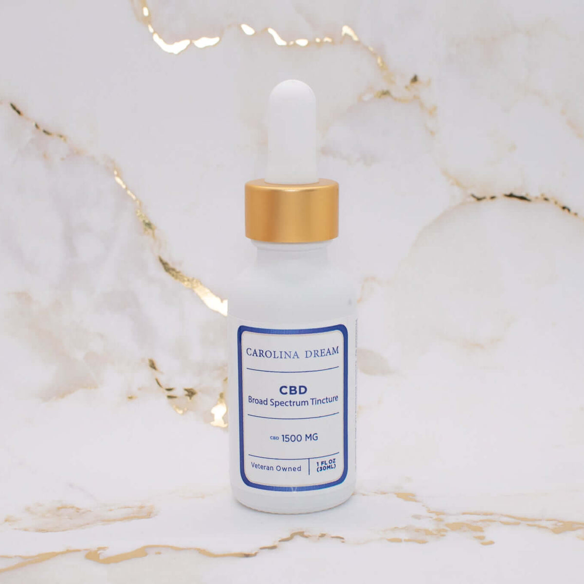 Broad Spectrum 1500mg CBD Tincture bottle on a marble background, highlighting its quality and purity.